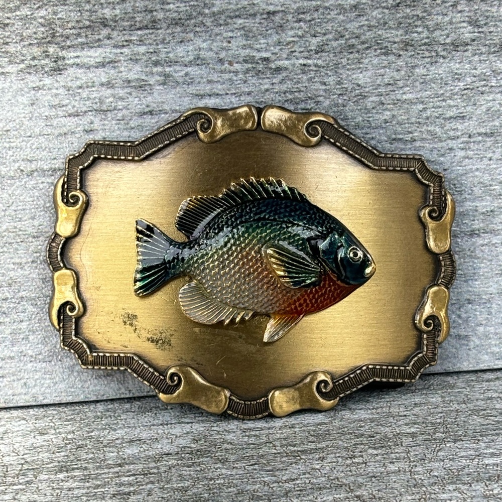 VTG Raintree Fish Blue Gill Scroll Edge Belt Buckle 1977-78 3 1/2” Fishing